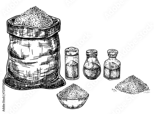 Sketch salt set. Salt in a salt shaker, pile, bag. Edible food seasoning in glass bottle. Himalayan condiment piles and spoons. Sea sodium mineral. Cooking ingredient.