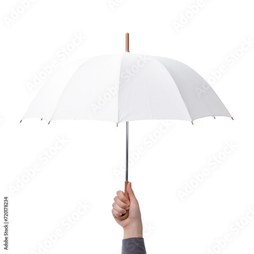 Hand hold white umbrella isolated on transparent background photo