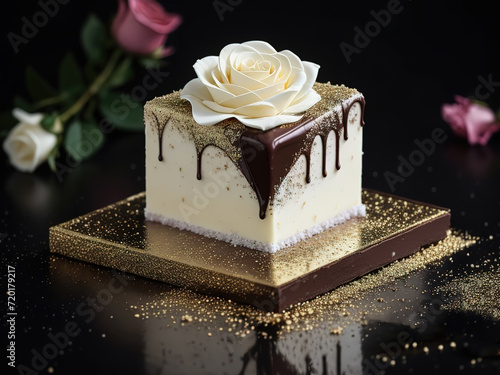 sweet food: soft cream cheese cake, with a white rose. AI.