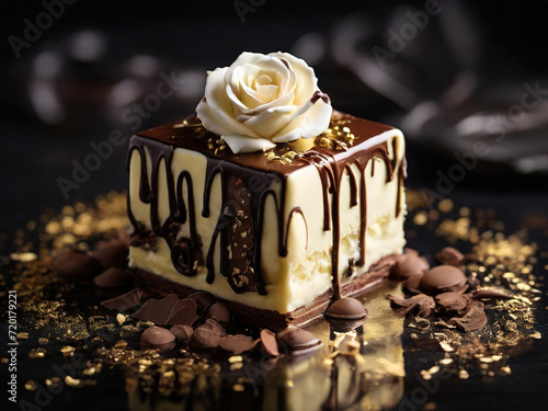 sweet food: soft cream cheese cake, with a white rose. AI.