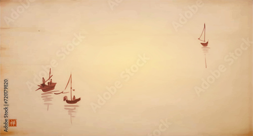 Ink painting of fishing boats in minimalist style. Traditional oriental ink painting sumi-e, u-sin, go-hua on vintage background. Translation of hieroglyph - zen