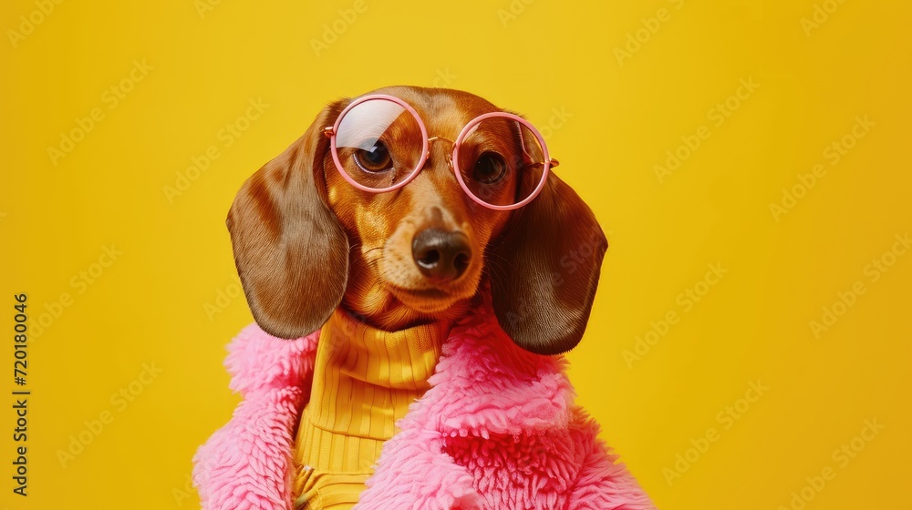Dachshund dog in pink fur coat and glasses on yellow background. Copy space.