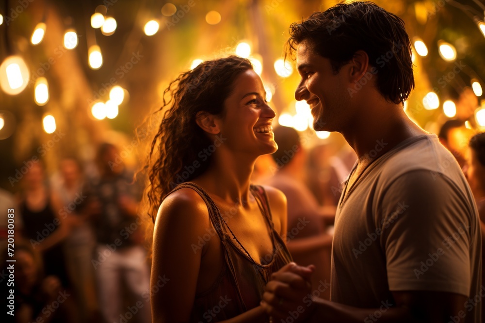 Experience the enchantment of a couple immersed in happiness as they dance together at an open-air music concert under the night sky Experience the enchantment of a couple immersed in happiness as they dance together at an open-air music concert under the night sky