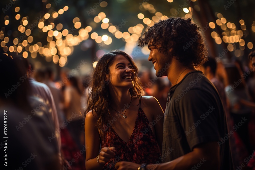 Experience the enchantment of a couple immersed in happiness as they dance together at an open-air music concert under the night sky
