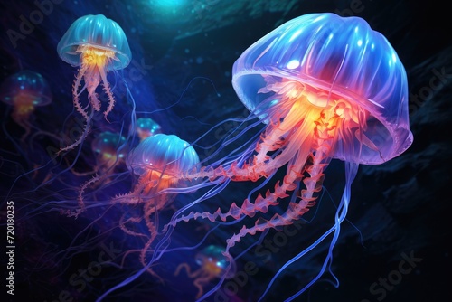 a close up of a jellyfish in a blue sea with a light shining on the top of it s head
