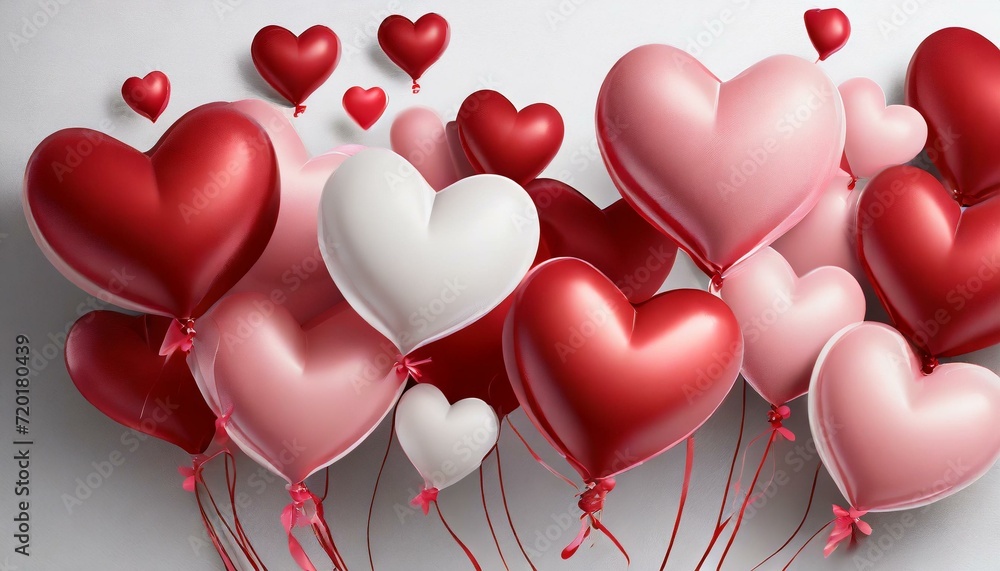 Valentine's day background with red and pink hearts like balloons on white background, flat lay, clipping path png