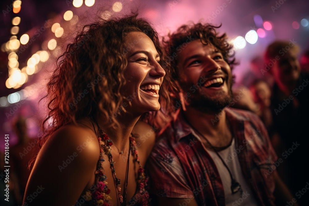 Experience the enchantment of a couple immersed in happiness as they dance together at an open-air music concert under the night sky Experience the enchantment of a couple immersed in happiness as they dance together at an open-air music concert under the night sky
