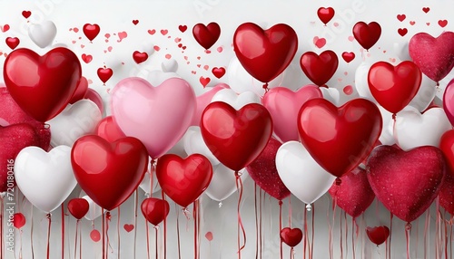 Valentine's day background with red and pink hearts like balloons on white background, flat lay, clipping path png photo