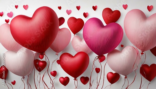 Valentine's day background with red and pink hearts like balloons on white background, flat lay, clipping path png photo