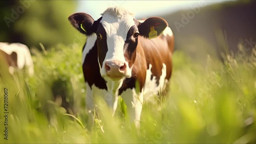 Closeup of a cow grazing in a lush pasture, practicing rotational grazing to maintain healthy soil. photo