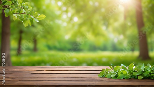 Wooden empty table with Beautiful spring natural green background, blurred nature background, product presentation & showcasing, Generative AI