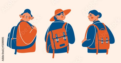 Set of various young women in coat, hat with backpack, rucksack. Girls travelers, tourists. Vector isolated clip arts with cartoon cute abstract person. Flat minimalist style. Tourism, vacation, rest.