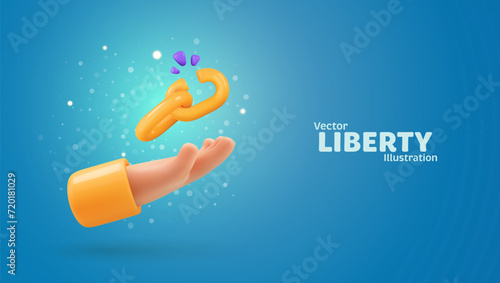 Human hand holding breaking chain freedom liberty symbol vector illustration. Weakness chain link. Unsafety, danger, error internet connection concept.