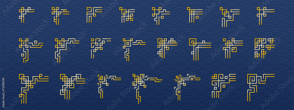 Big Set of Chinese frame corners. Traditional Asian pattern. Gold vector illustration isolated on blue background. Japanese, Korean and Chinese - obrazy, fototapety, plakaty 