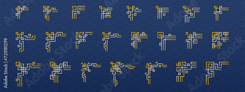 Big Set of Chinese frame corners. Traditional Asian pattern. Gold vector illustration isolated on blue background. Japanese, Korean and Chinese