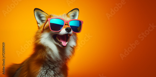 Fox wearing sunglasses on a orange color background. Generative AI