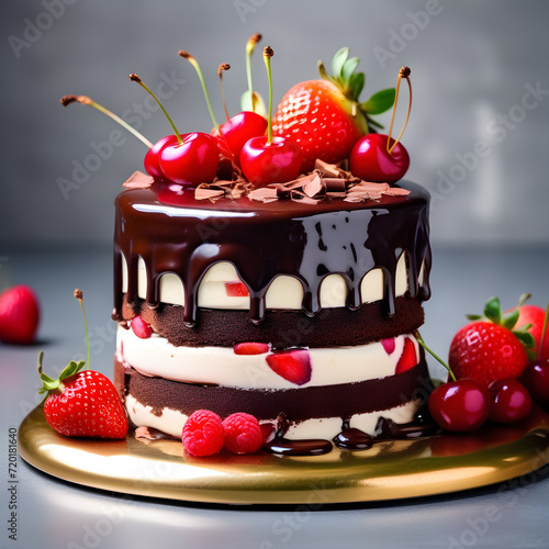 Chocolate cake with with berry, mirror glass cake with chocolate garnish, strawberries and cherries. cake on a light grey background. Happy birthday cake tasty and eye catching design. birthday cake photo