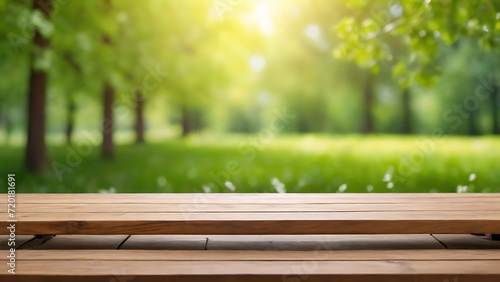 Wooden empty table with Beautiful spring natural green background, blurred nature background, product presentation & showcasing, Generative AI