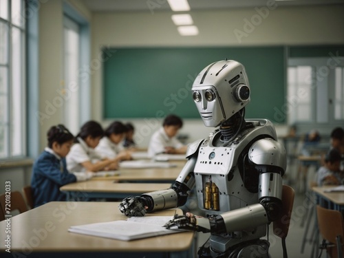 Humanoid robot working as teacher in school. AI Generated.