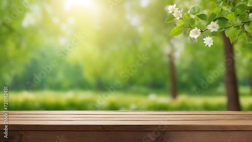 Wooden empty table with Beautiful spring natural green background  blurred nature background  product presentation   showcasing  Generative AI