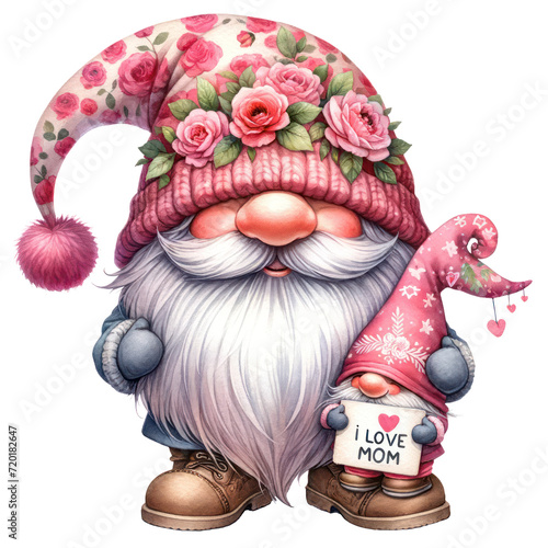 Cute Watercolor Gnome Mother's Day Clipart Illustration