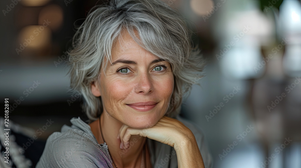 Mature pleasant woman with stylish grey hair, gazing confidently into the camera against blurred background. Mature beauty, contemporary hairstyles, and confident aging Mature pleasant woman with stylish grey hair, gazing confidently into the camera against blurred background. Mature beauty, contemporary hairstyles, and confident aging