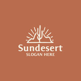 Hand Drawn of Cactus with Mountain desert, shiny sunrise Logo Design Inspiration