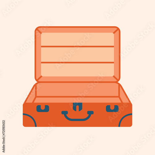 Vector illustration with opened vintage suitcase. Adventure tourism, travel abroad, summer vacation trip, luggage. Cute isolated clip art in cartoon style.