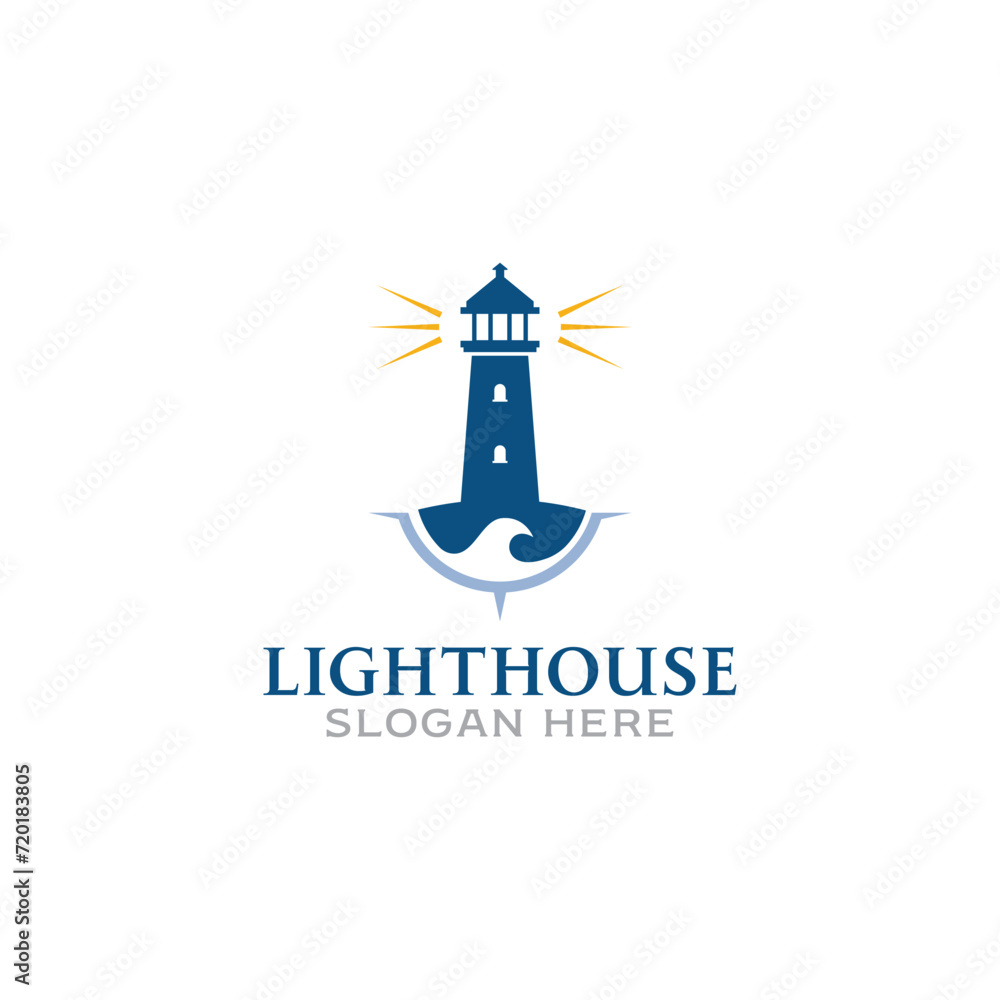 Lighthouse Beacon searchlight with wave ocean and compass simple Logo Design Inspiration