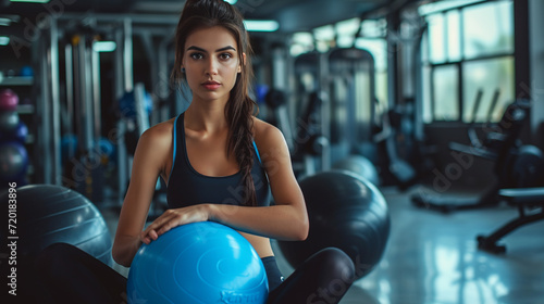 Female athlete with fitball in a gym. 