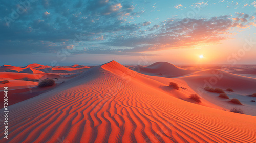 Amazing desert sunset. Beautiful arabian desert with warm colors. Colorful contours of sand dunes at Abu Dhabi. 