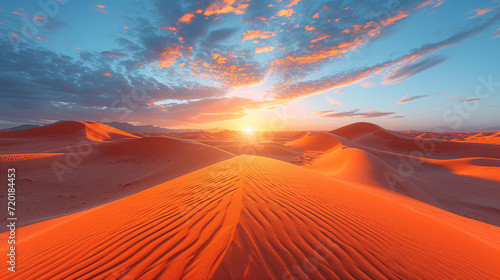 Amazing desert sunset. Beautiful arabian desert with warm colors. Colorful contours of sand dunes at Abu Dhabi.  photo