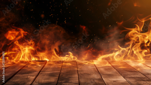 A wooden table adorned with a multitude of blazing fire flames.