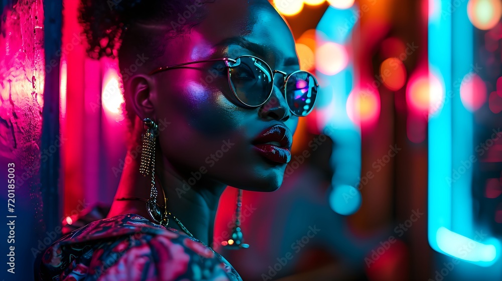 nightlife elegance: stylish woman with glasses under purple neon after the party