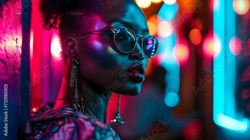 nightlife elegance: stylish woman with glasses under purple neon after the party