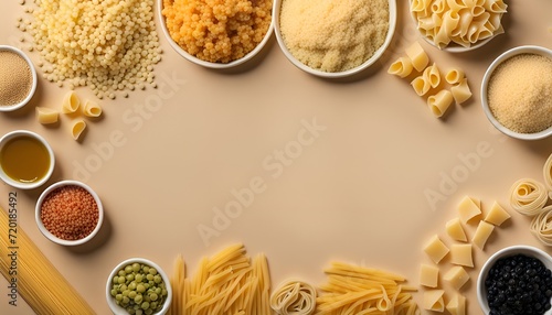 Frame from various pasta, bulgur and couscous on a beige background top view. Flat lay. Italian food background. Free space for text. 