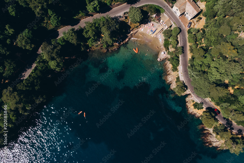 Stunning drone-captured scenery: Portofino Bay in all its beauty. Breathtaking view of Italian Riviera. 