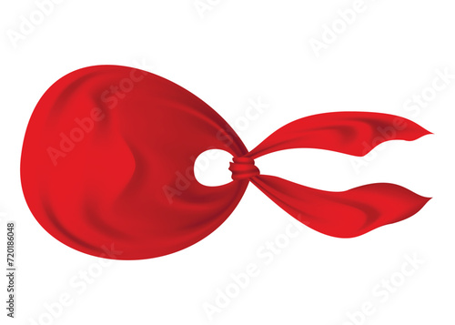 Red realistic bandana on head. Youth fashion head or cowboy garment element template. Biker face scarf, bandanna neck shawl. Blank handkerchief unisex uniform. Western clothes