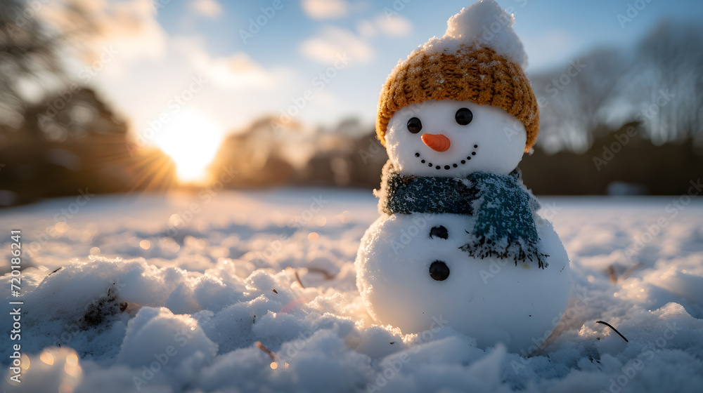 Fototapeta premium A snowman, with a snowy field as the background, during a playful winter afternoon