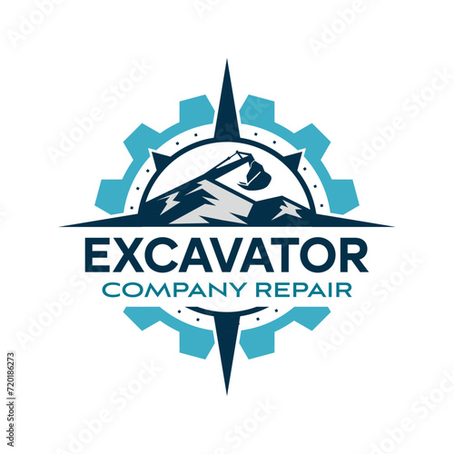 Excavator repair with Mountain, Compass, Gear Element Vintage Logo Design Simple