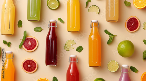 Bottles with delicious colorful juices on beige