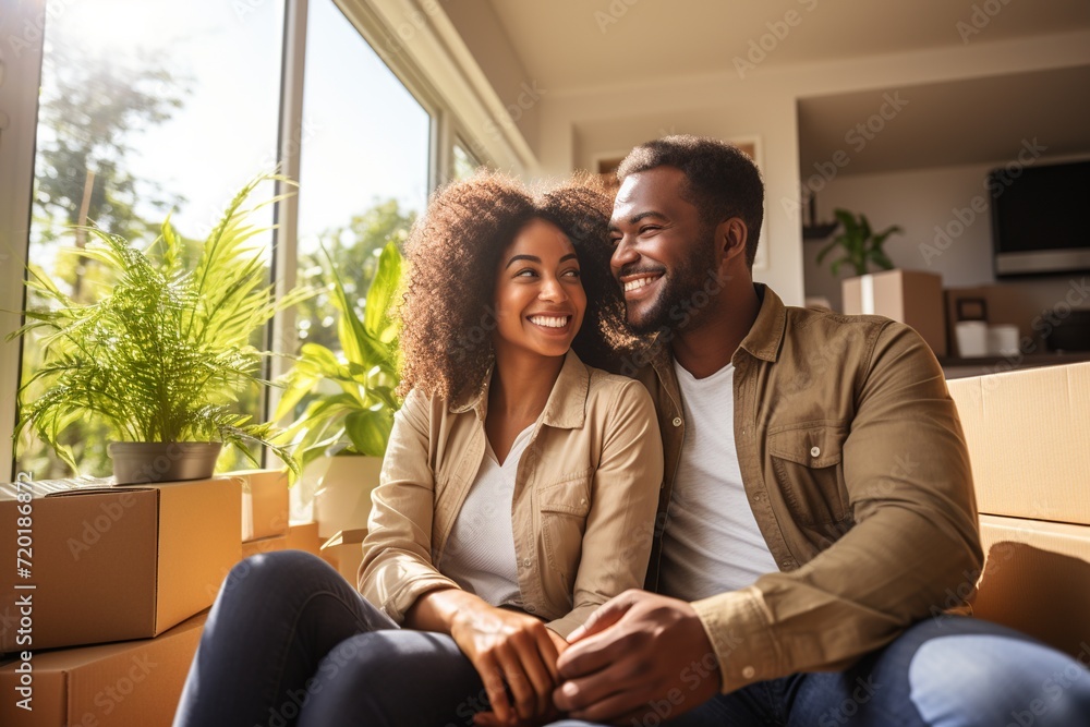 Witness the pure happiness and love of a multiracial couple as they sit on a cozy sofa in the living room of their new home