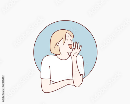 The woman inside the circle is shouting loudly. Hand drawn style vector design illustrations.