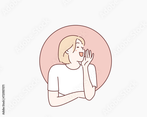 The woman inside the circle is shouting loudly. Hand drawn style vector design illustrations.
