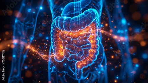A visualization of human health and digestion issues, featuring a medical glow around the anatomy of the stomach and intestines, indicating pain and disease treatment. #720187456