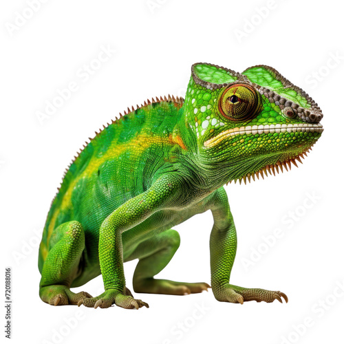 Head shot of a veiled chameleon, Chamaeleo calyptratus, isolated on transparent background © posterpalette