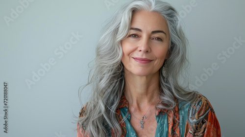 Beautiful woman with grey hair smiling posing on grey background. photo