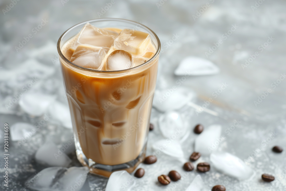 latte in a glass. A tall glass of iced coffee topped with milk, condensation on the glass indicating its refreshing nature. Dalgona iced coffee with vegetable milk. Prepairing iced latte on wooden latte in a glass. A tall glass of iced coffee topped with milk, condensation on the glass indicating its refreshing nature. Dalgona iced coffee with vegetable milk. Prepairing iced latte on wooden