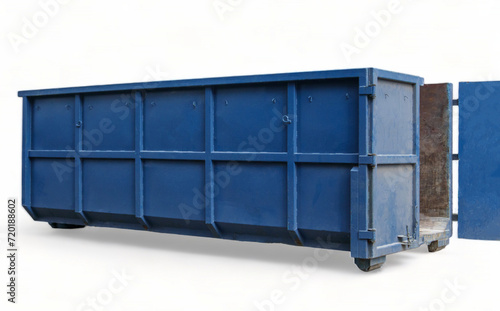 Metal durable blue industrial trash can for street waste isolated on a white background. Large steel basket for household and industrial waste. Construction waste container for home renovation.