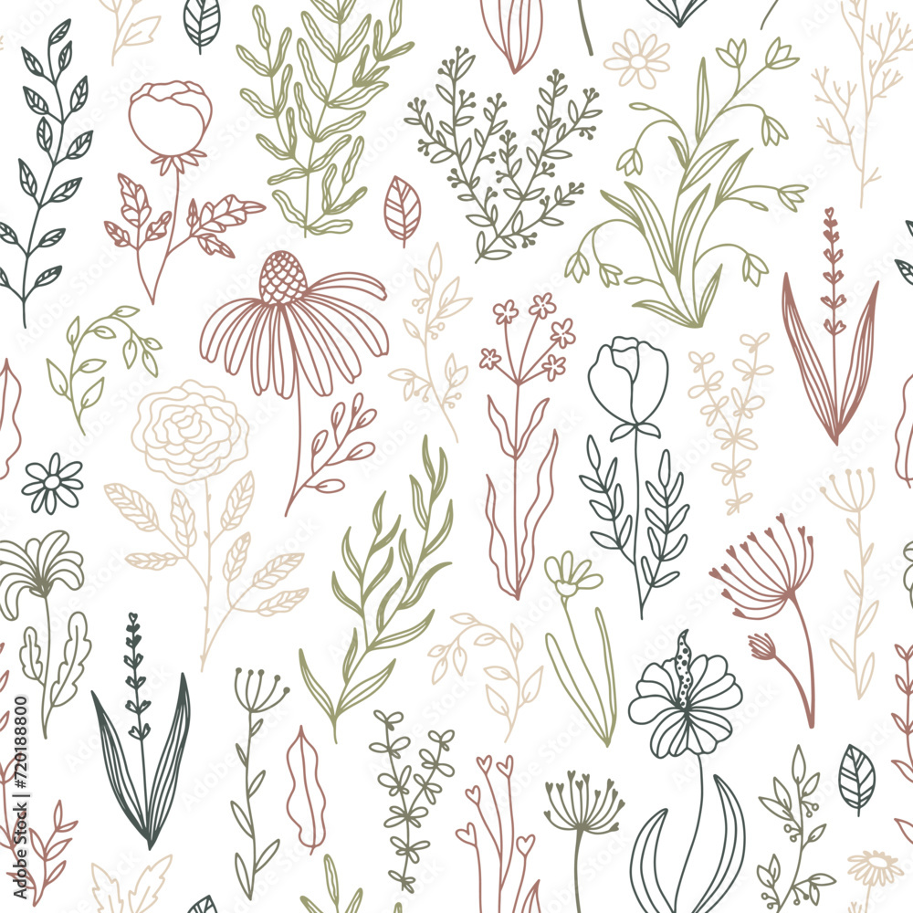Fototapeta premium Floral doodle seamless pattern. Vector hand-drawn illustration of flowers and herbs. Thin line sketch.